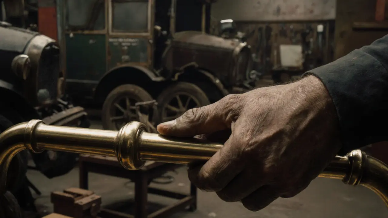Hands touching a polished brass handrail in a vintage tram restoration workshop.