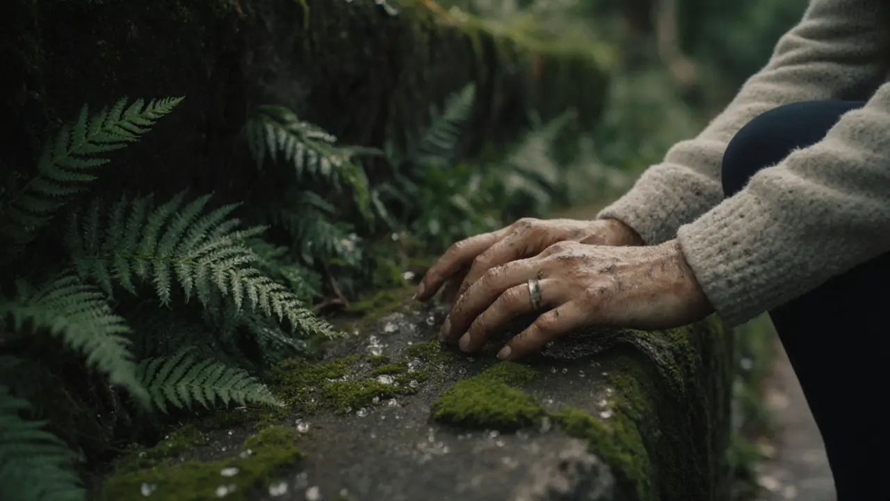 Hands touching mossy stone along a secluded park path, dew on leaves and ferns in soft morning light.