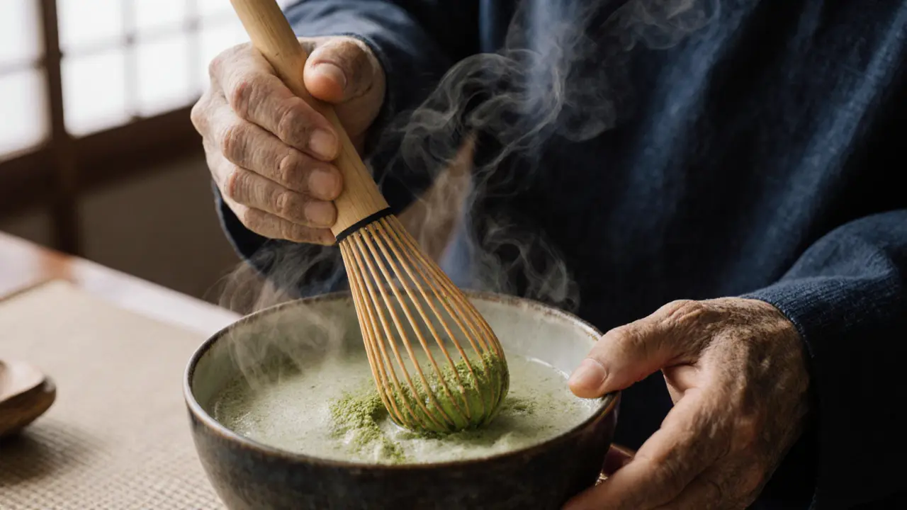 Hands whisking matcha in a ceramic bowl, steam rising gently in morning light.