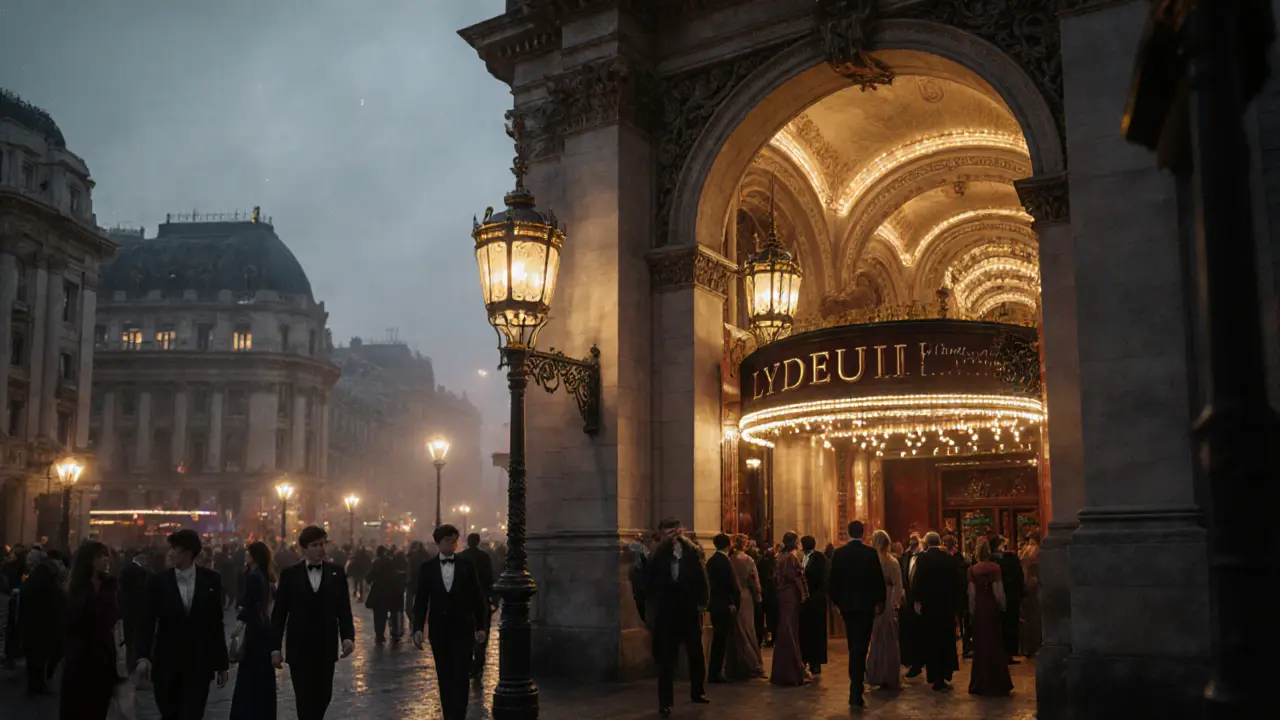 Lyceum Theatre at night with golden lights and people entering through ornate entrance.