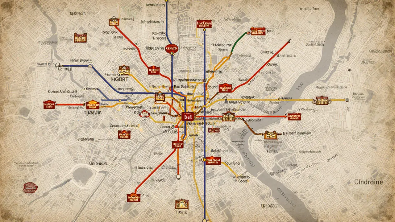 Map of London Zone 1 showing Tube stations and budget hotel locations near King&#039;s Cross, Bloomsbury, and South Bank.