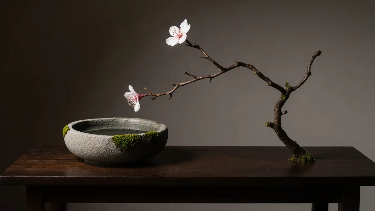 Minimalist ikebana with a cherry branch and falling petals on a wooden table beside a stone basin.
