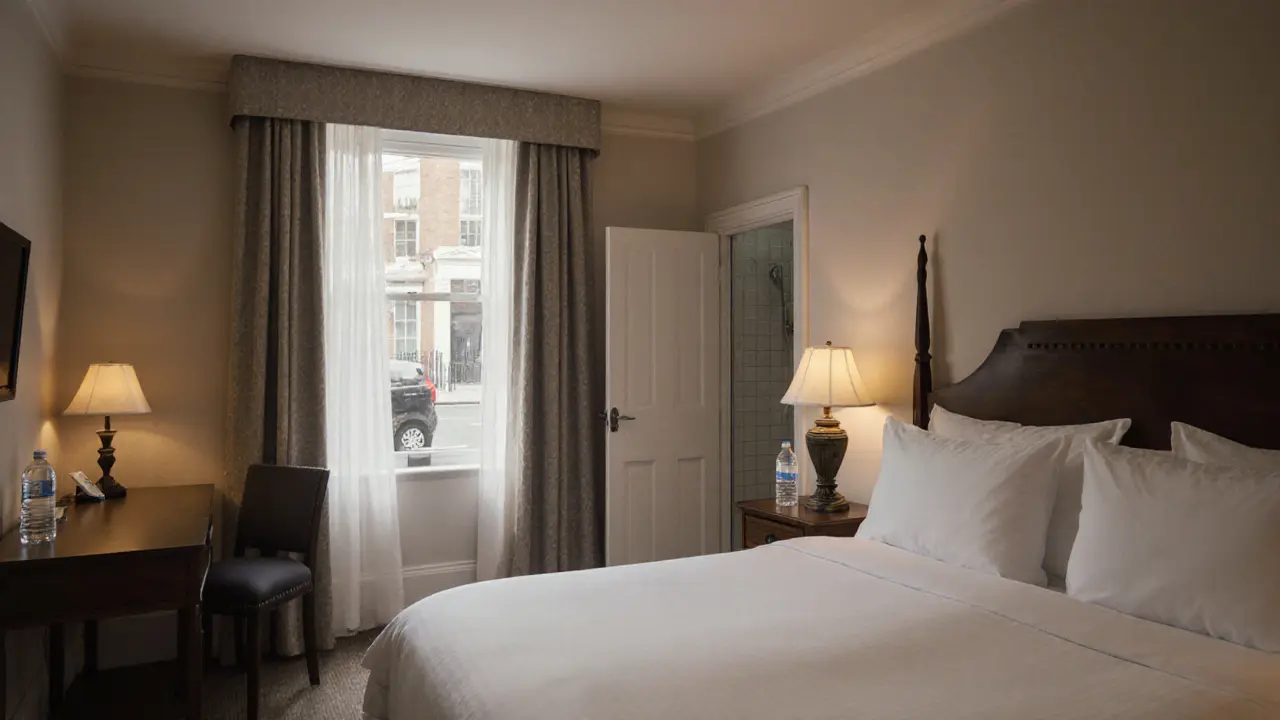 Modest hotel room with a double bed, wooden desk, and quiet street view through a window.