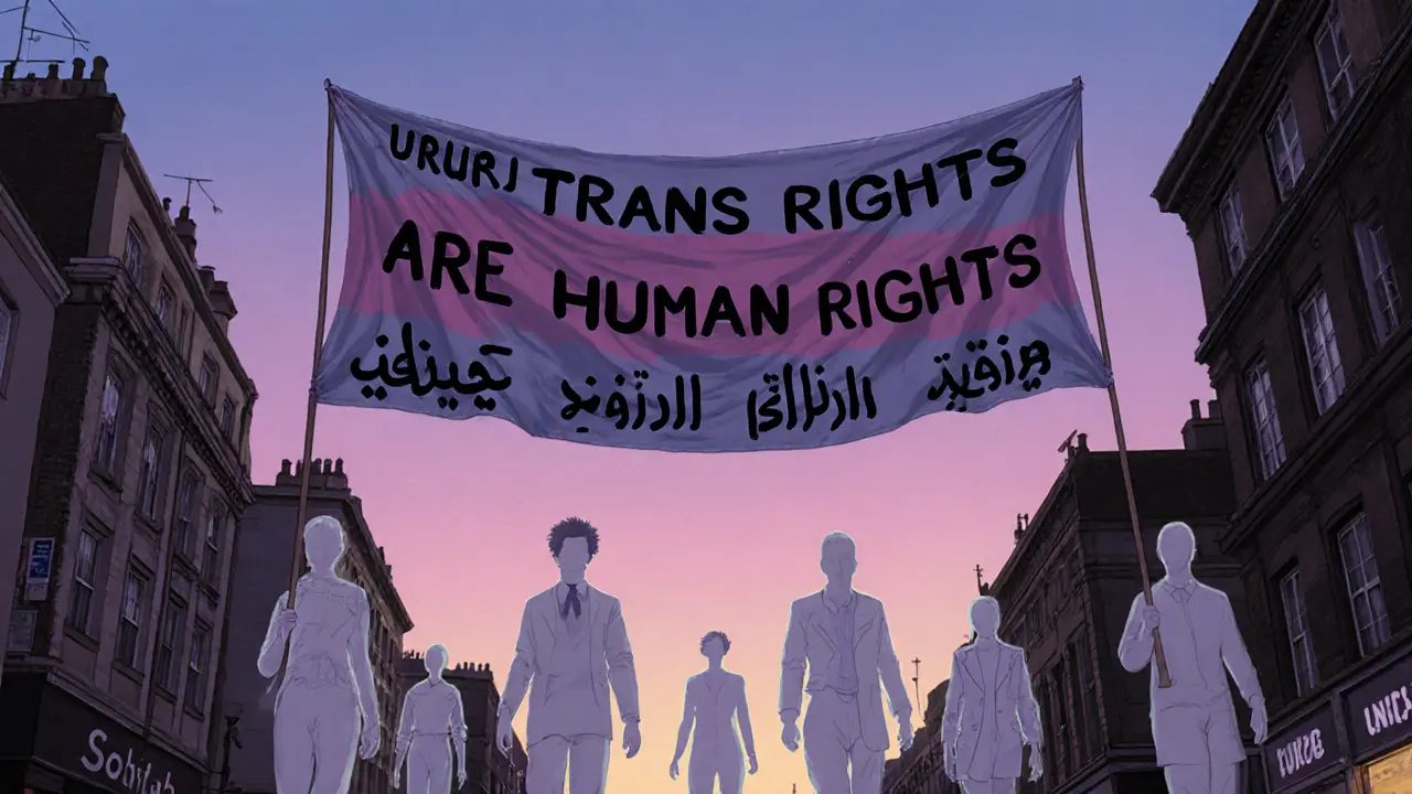 Multilingual &#039;Trans Rights Are Human Rights&#039; banner floating above Soho at dusk with ghostly activist silhouettes.