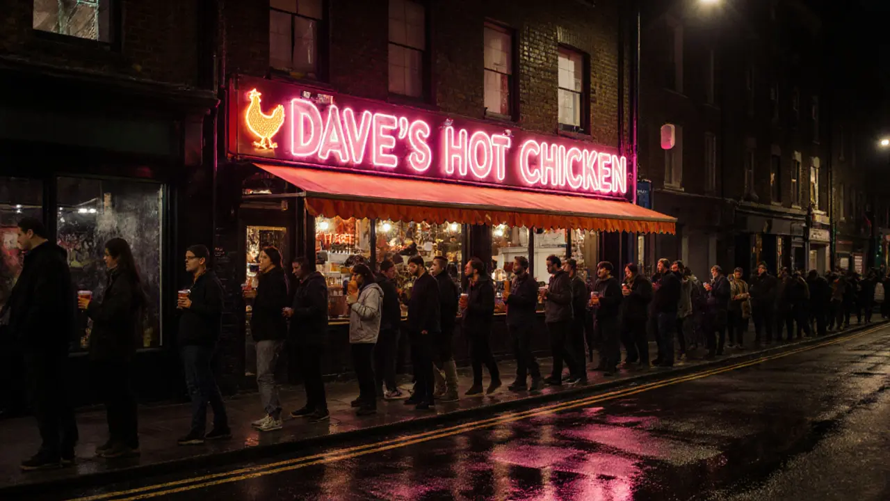 Neon-lit Dave&#039;s Hot Chicken restaurant at night with a long line of customers outside.