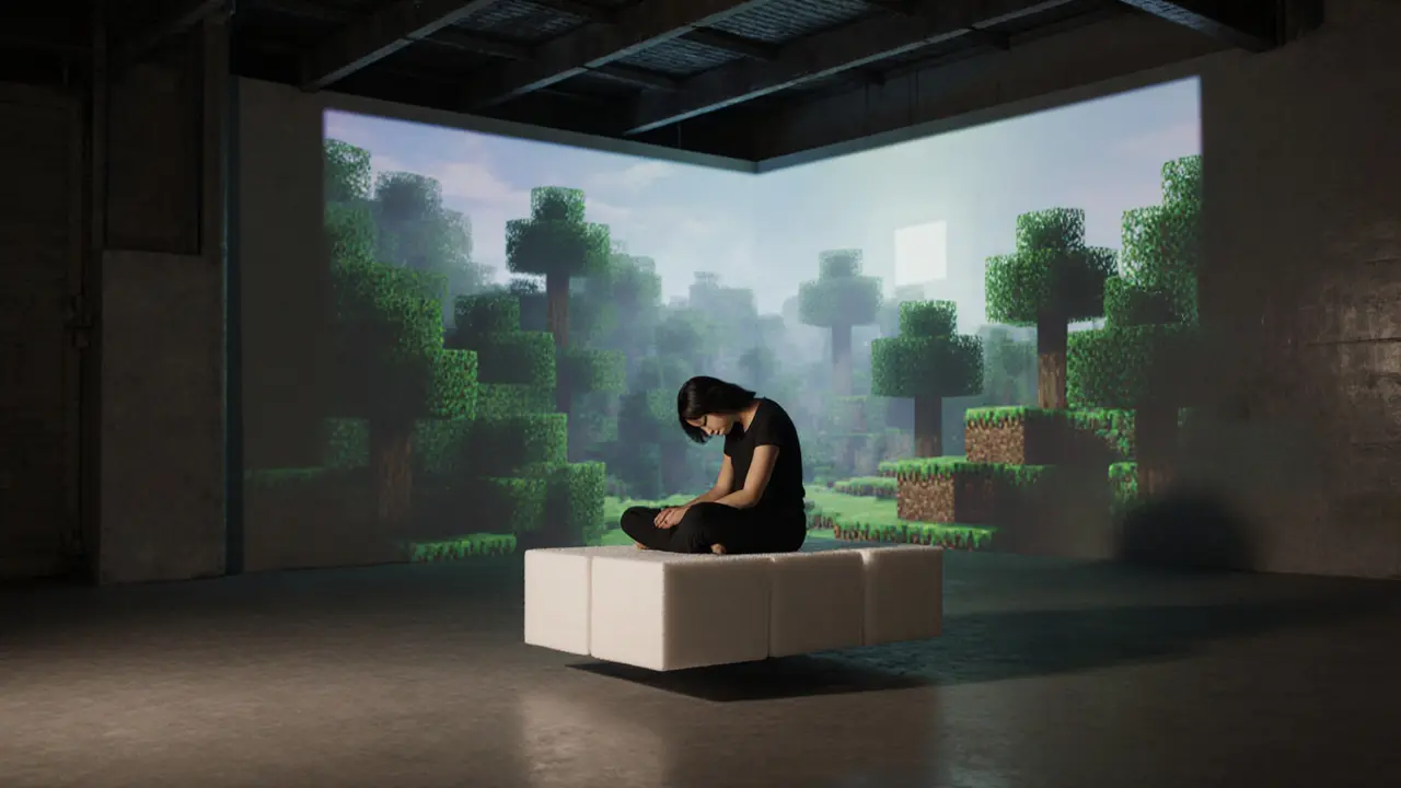 One person sitting calmly on a floating foam block platform in a quiet, projected Minecraft forest.