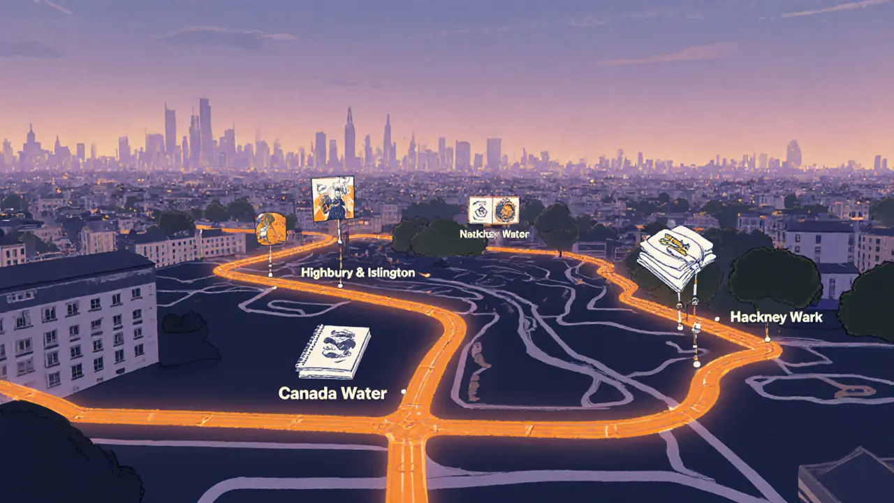 Overhead view of London Overground map with orange lines and small art icons along the routes.