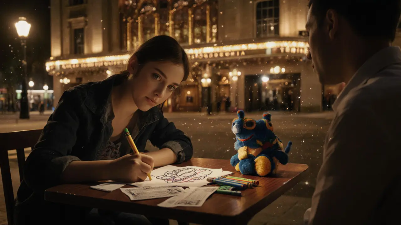 Parent and child drawing a train on a napkin outside Apollo Victoria Theatre after the show.