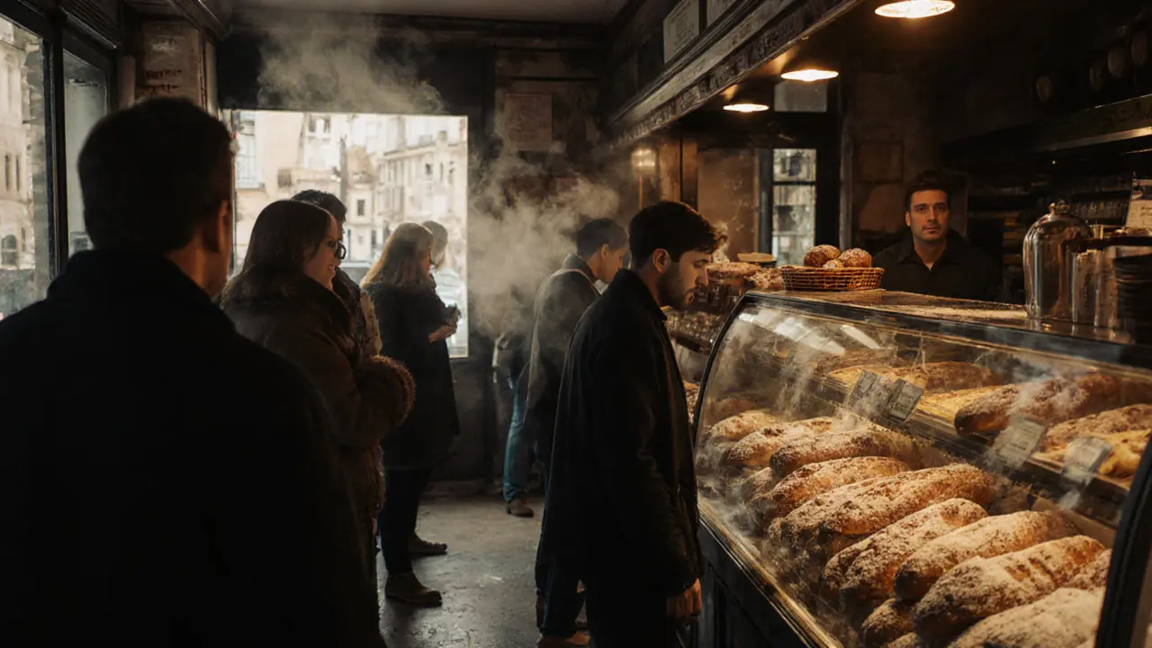 People waiting in line at a busy Paris bakery in the morning.