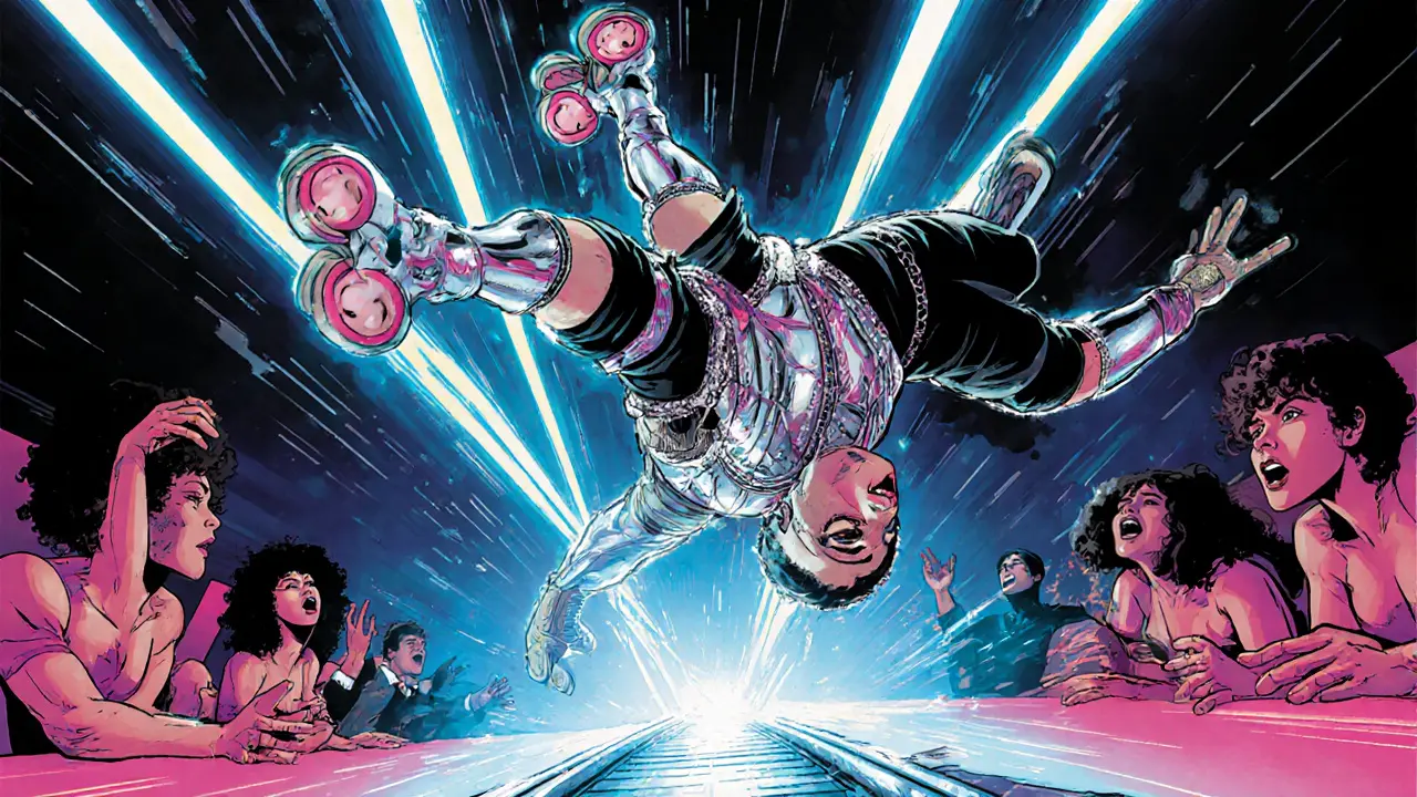 Performer on roller skates mid-flip on glowing railway stage, neon costumes and speed effects.