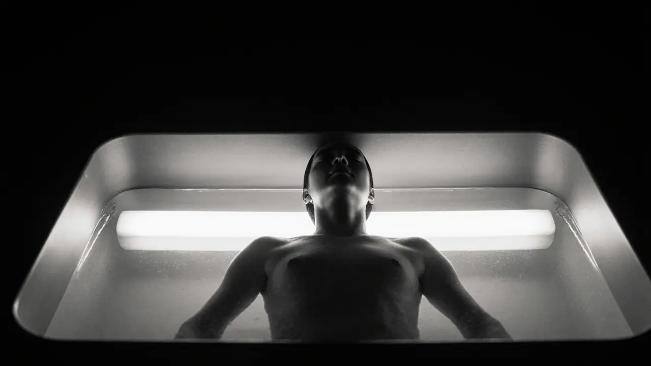 Person floating peacefully in a dark float tank, eyes closed, in complete stillness.
