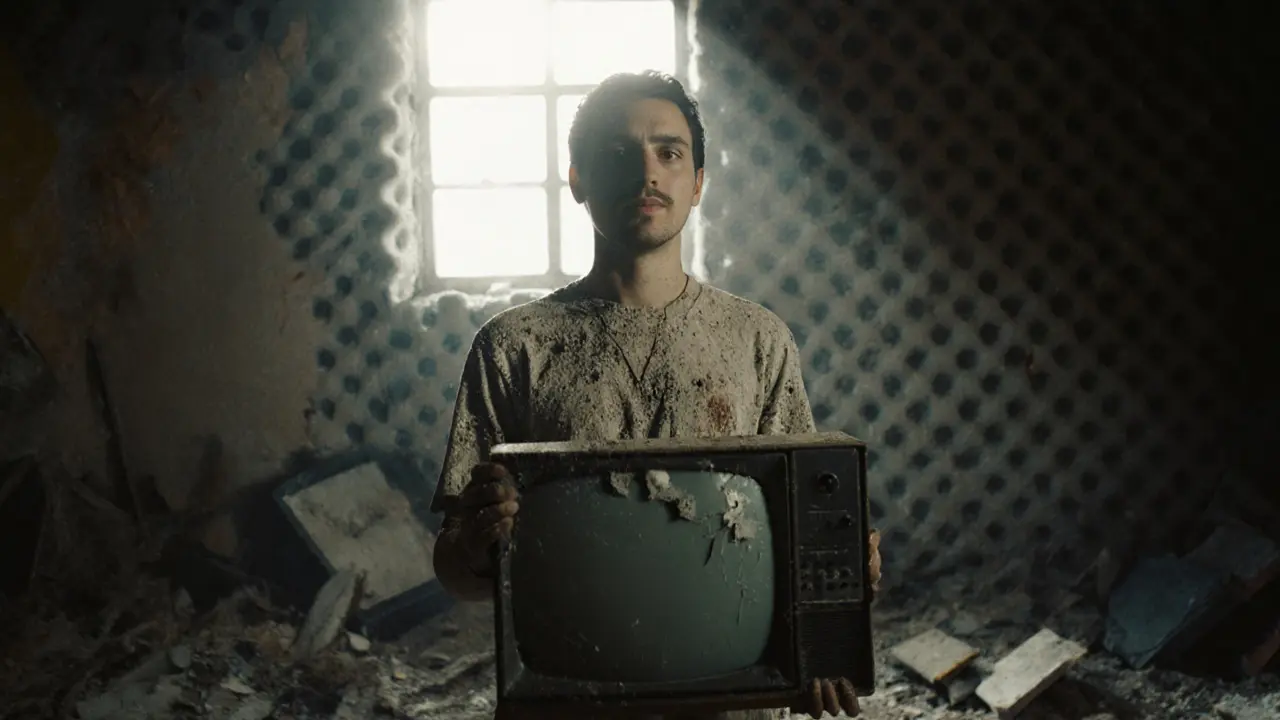 Person smiling after a rage session, covered in dust, holding a broken TV