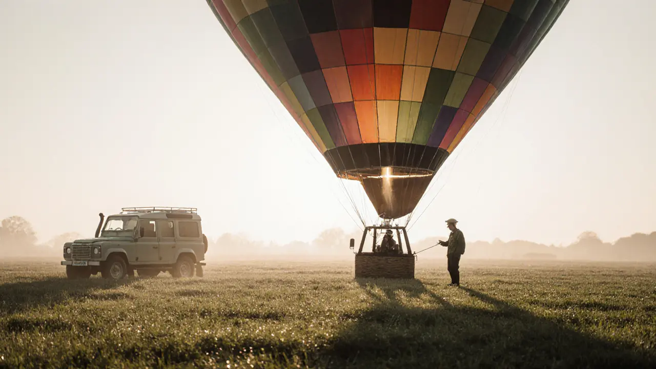 Pilot inflating a colorful hot air balloon at dawn in a misty field near London.
