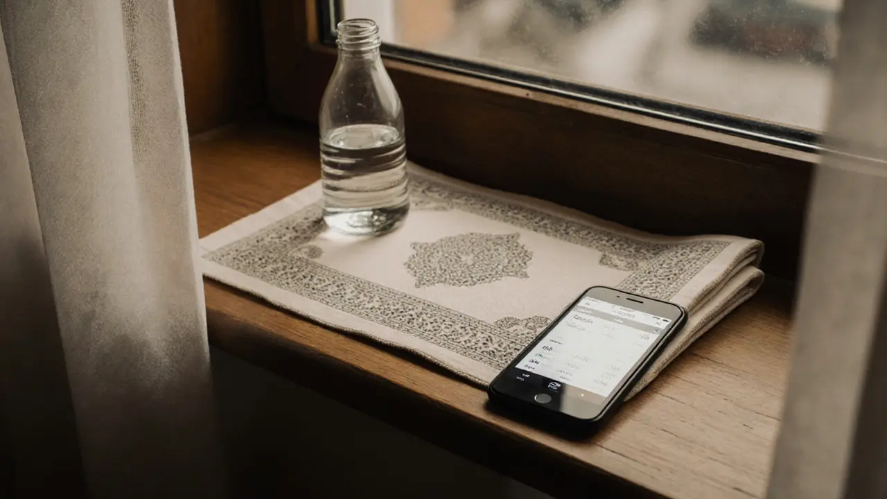 Prayer mat, water bottle, and smartphone showing prayer times on a windowsill.