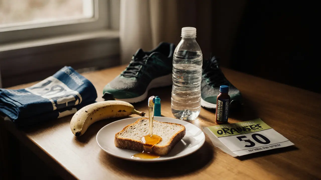 Pre-race breakfast with toast, banana, water, and running shoes on a table.