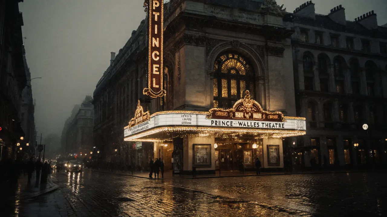 Prince of Wales Theatre at night, golden lights glowing against rainy London streets.