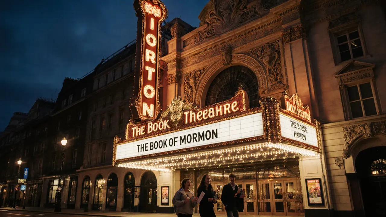 Prince of Wales Theatre at night with glowing marquee and visitors arriving.