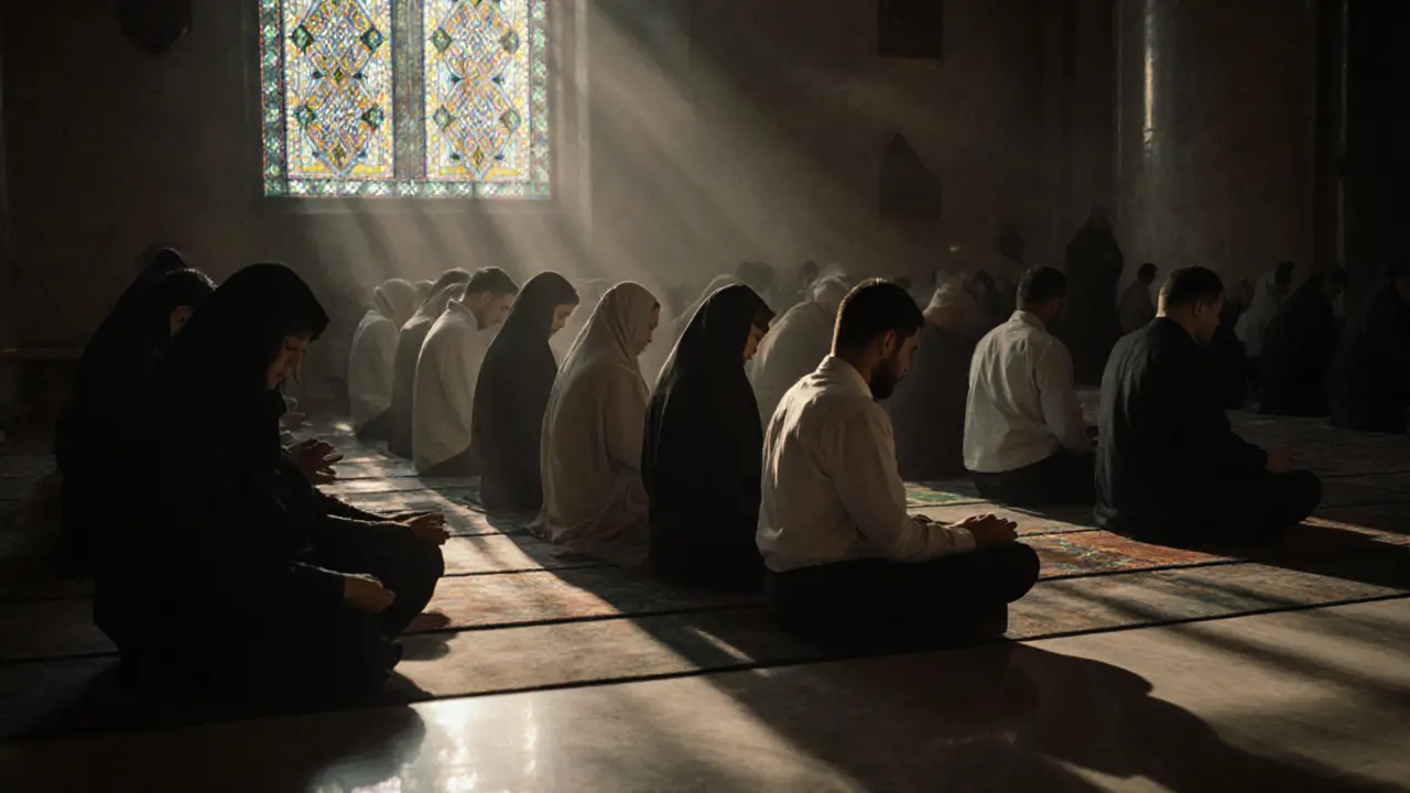 Quiet prayer hall with light casting geometric patterns on the floor.