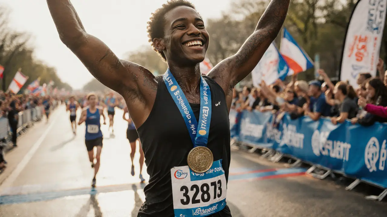 Runner smiling with medal after finishing the London Marathon, arms raised in victory.