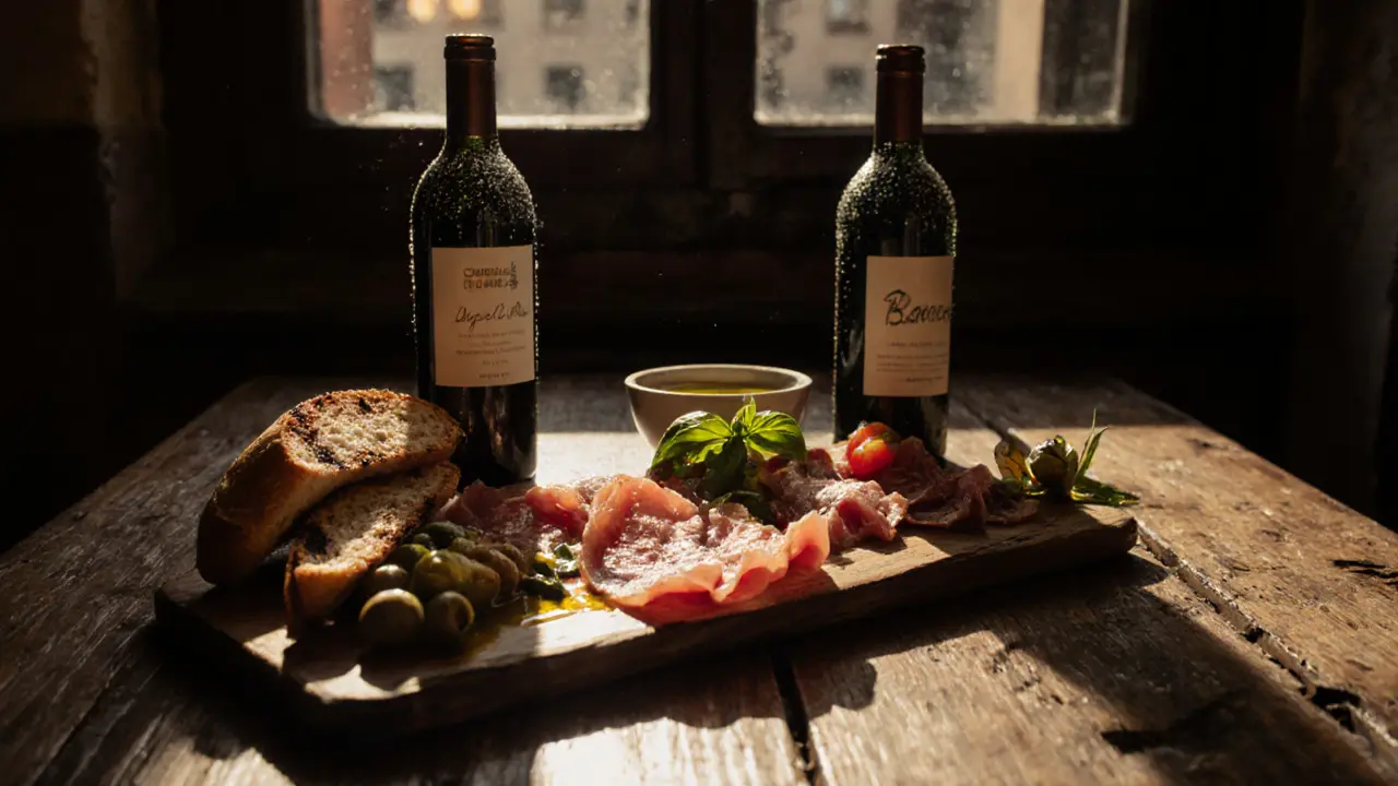 Rustic wooden table with shared antipasti platter and bottles of wine.