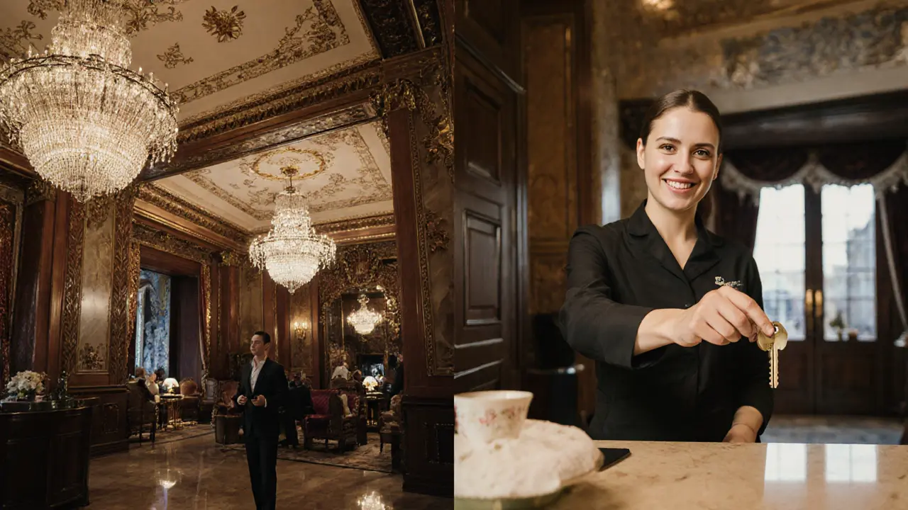 Side-by-side comparison of a luxury hotel lobby and a simple budget hotel front desk.