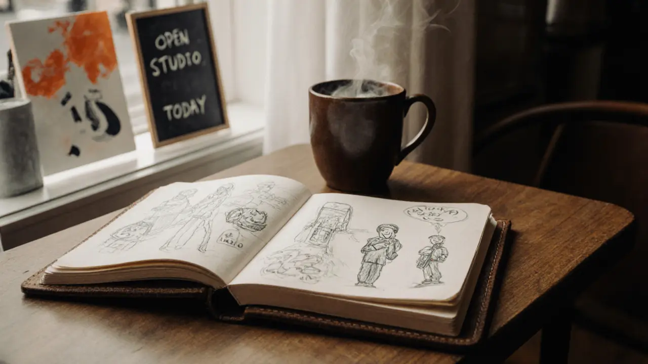 Sketchbook and coffee cup on a café table, with abstract paintings visible through a gallery window.