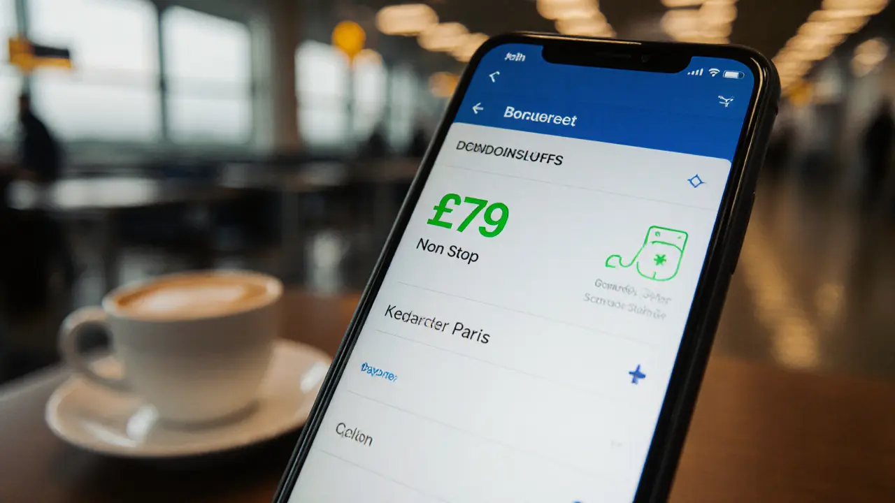 Smartphone showing a £79 boarding pass for a London to Paris flight.