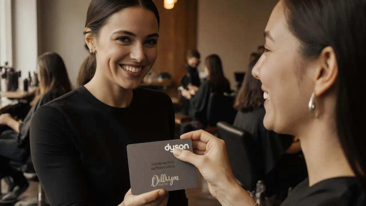 Stylist handing a gift card to a client in a modern salon.