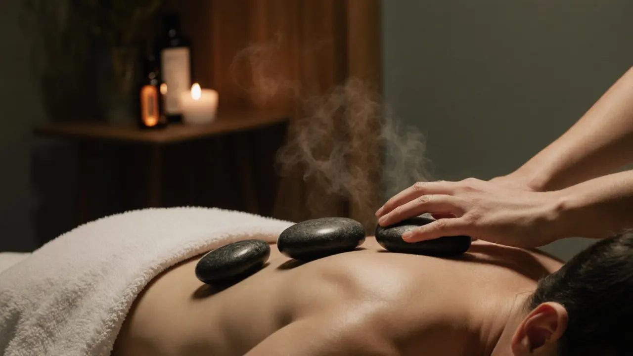 Therapist placing warm stones on a client&#039;s back in a calm, dimly lit treatment room.