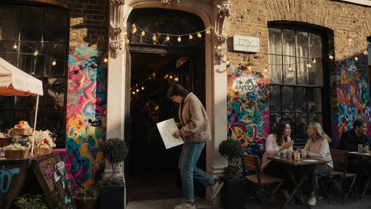 Traveler walking out of a budget hotel in Camden with map, surrounded by street art and local cafes.