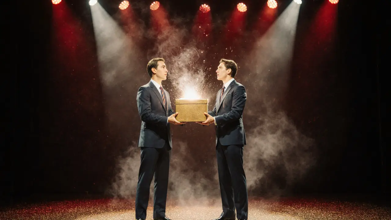 Two actors in missionary outfits on stage holding a glowing golden box.