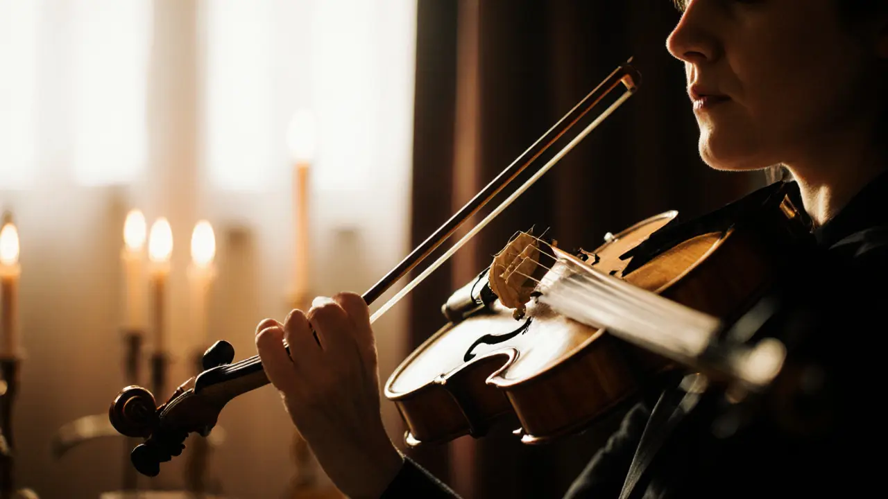 Violinist&#039;s hands playing under warm candlelight, shadows accentuating the instrument&#039;s wood grain.