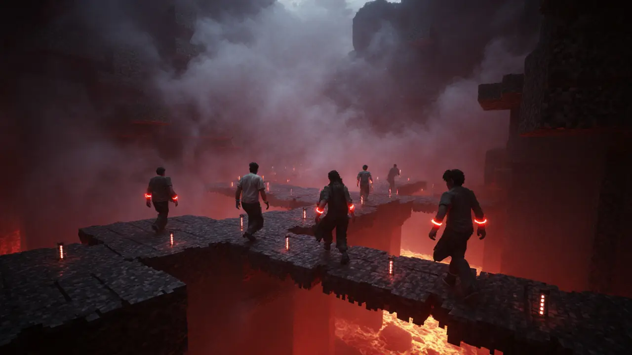 Visitors walking on floating obsidian platforms in a red foggy Nether zone
