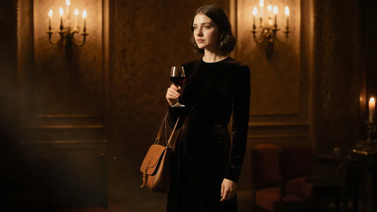 Woman in dark velvet dress holding wine in a candlelit concert venue lobby.