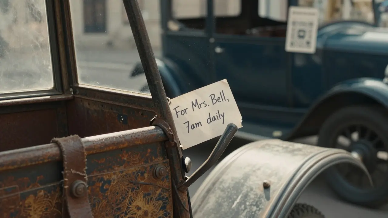 A 1937 tricycle taxi with a handwritten note reading 'For Mrs. Bell, 7am daily.'