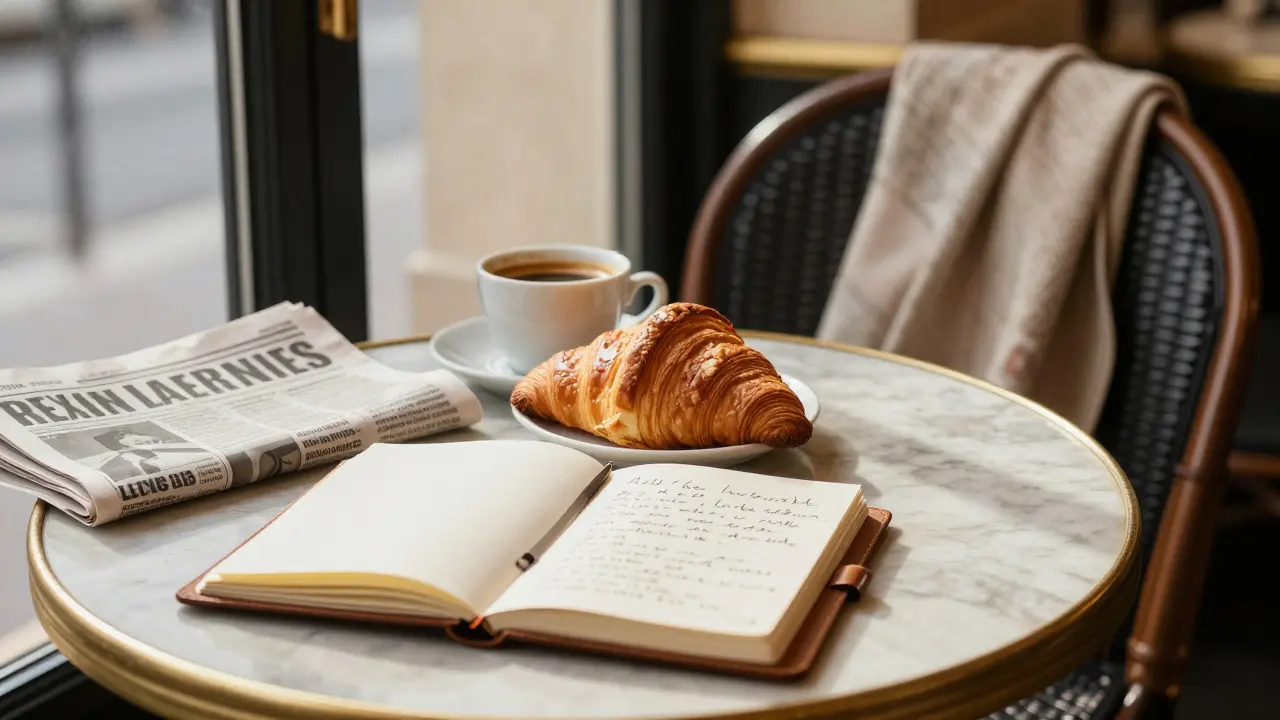 A café table in Paris with a croissant, coffee, and an open notebook at dawn.