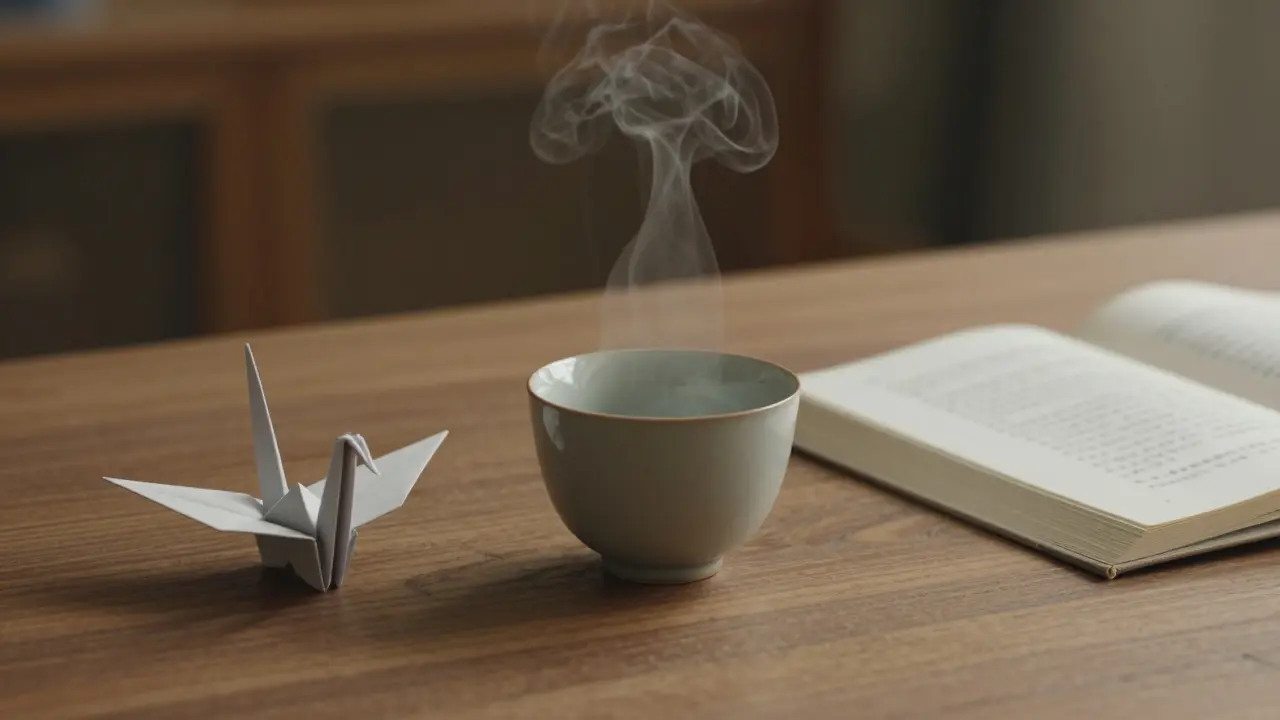 A ceramic teacup and open haiku book on a wooden table, with a paper crane beside them.