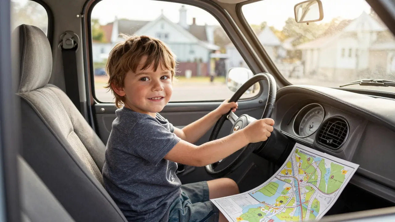 A child smiling in the driver’s seat of a 1971 Citroën 2CV with a vintage map on the dashboard.