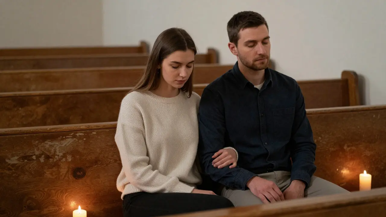 A couple sitting quietly together in wooden pews, softly lit by candles.