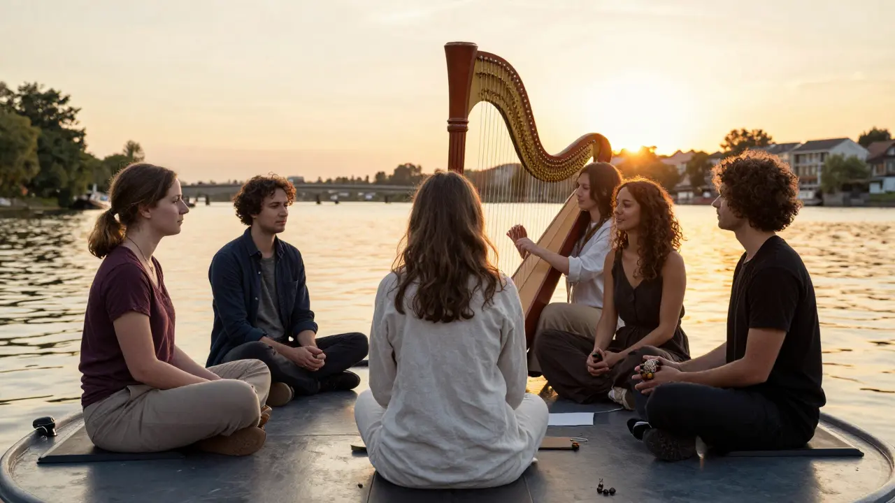 A diverse group sits silently in a circle on a Thames barge, holding quiet objects as golden light reflects on the water.
