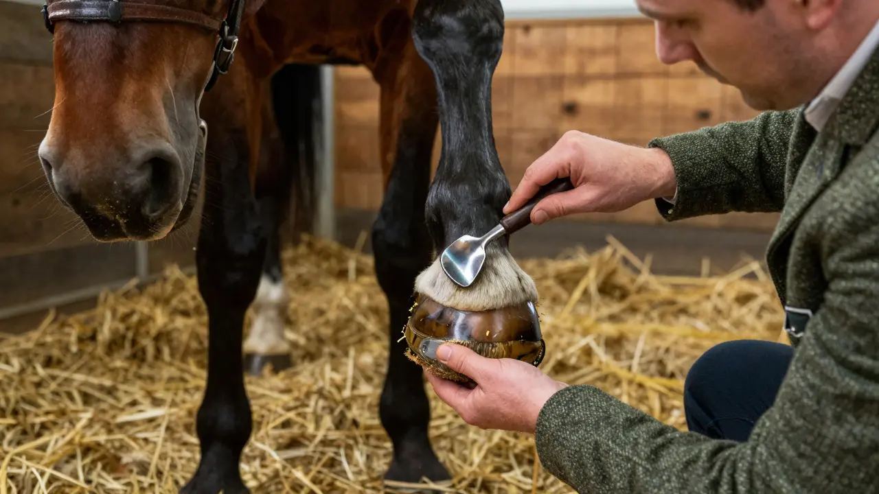 A farrier carefully cleaning a horse's hoof with a hoof pick in a stable.