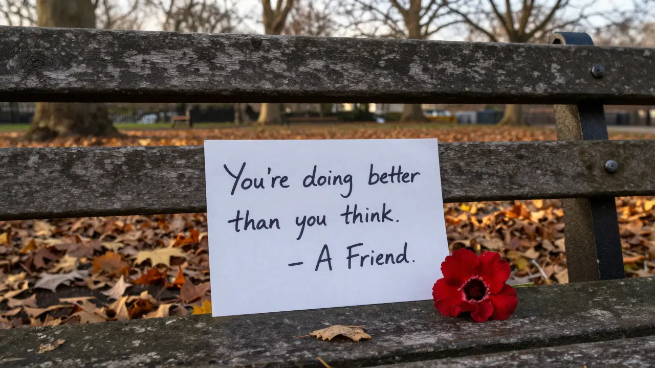 A handwritten note on a park bench saying &#039;You&#039;re doing better than you think.&#039;