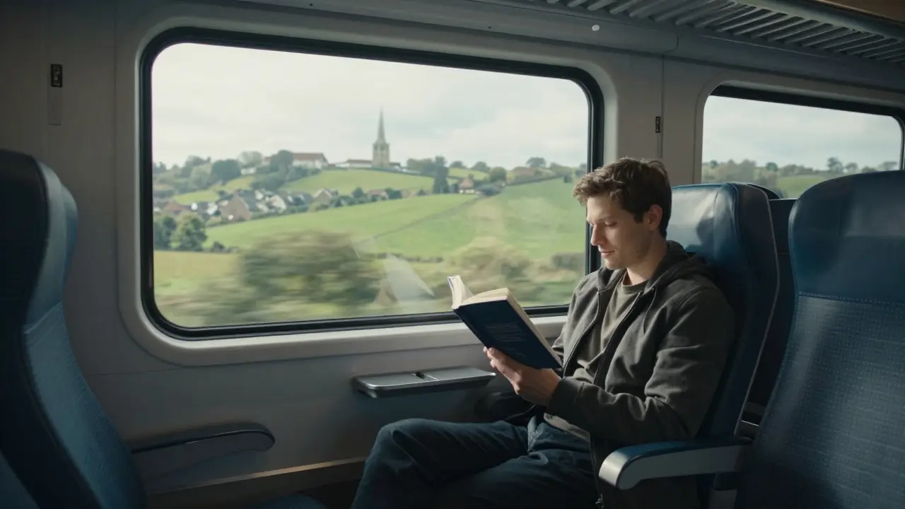 A passenger reading on a train from Birmingham to London, looking out at rolling countryside through the window.