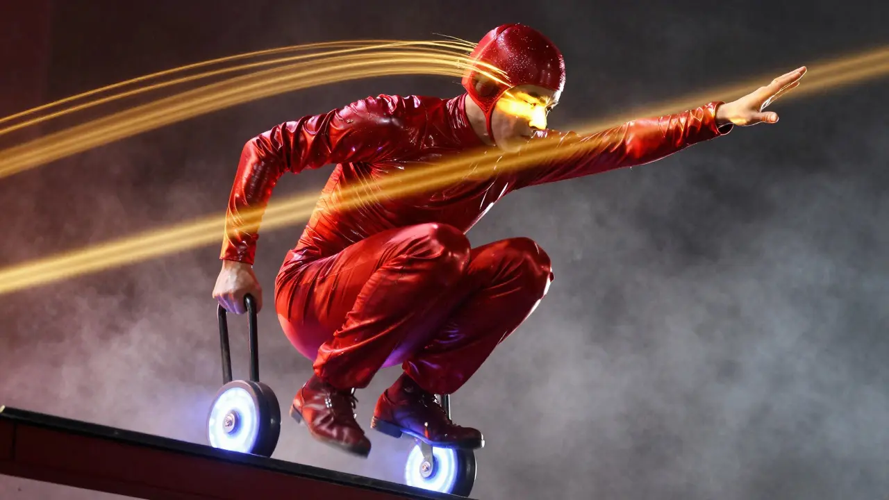 A performer in a glowing red train costume leaps mid-air on a moving stage track.