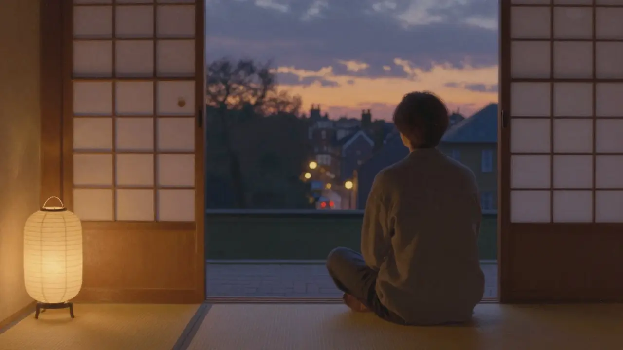 A person sitting peacefully on a tatami mat as twilight lights up a window.