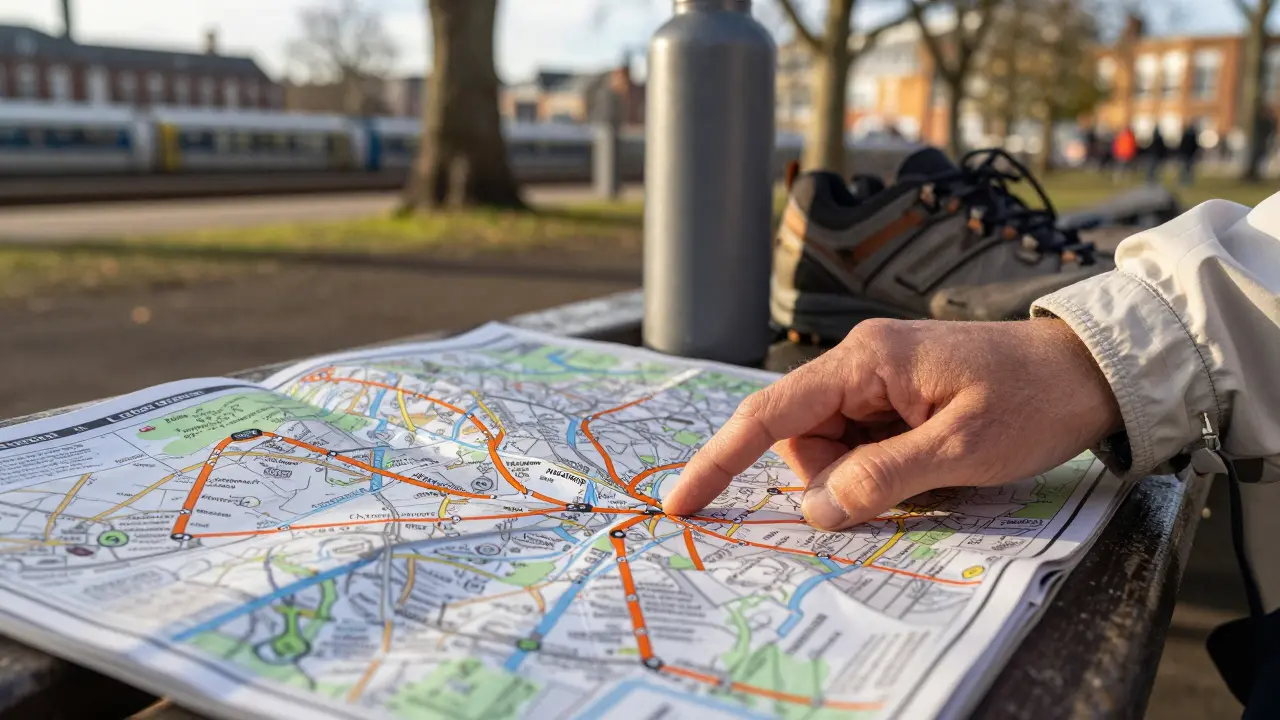 A printed London Overground map with a finger tracing a walking route on a park bench.