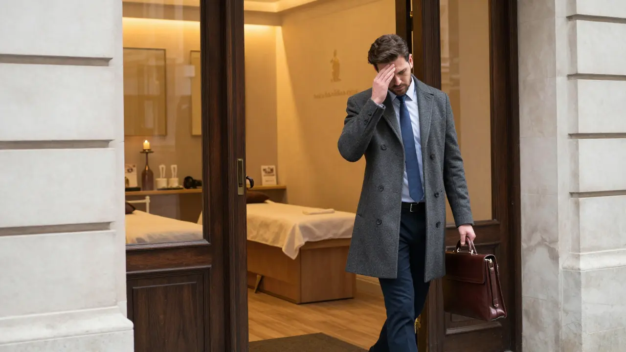 A professional entering a luxury spa from the city, transitioning from stress to calm.