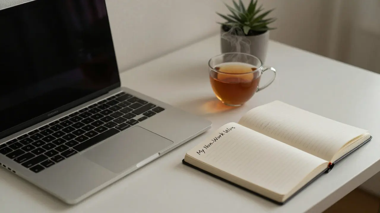 A quiet home desk with closed laptop, tea, and journal titled 'My Non-Work Wins'.