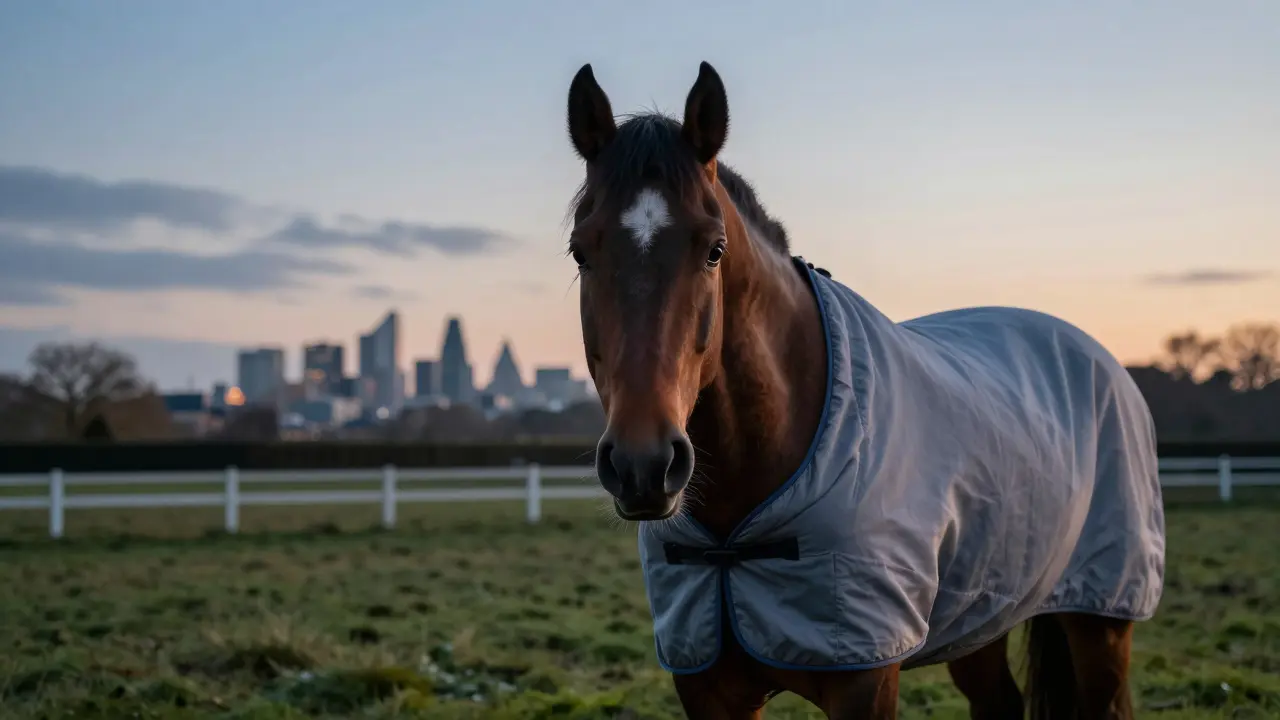 A relaxed horse standing in a turnout area at dusk with a light rug.