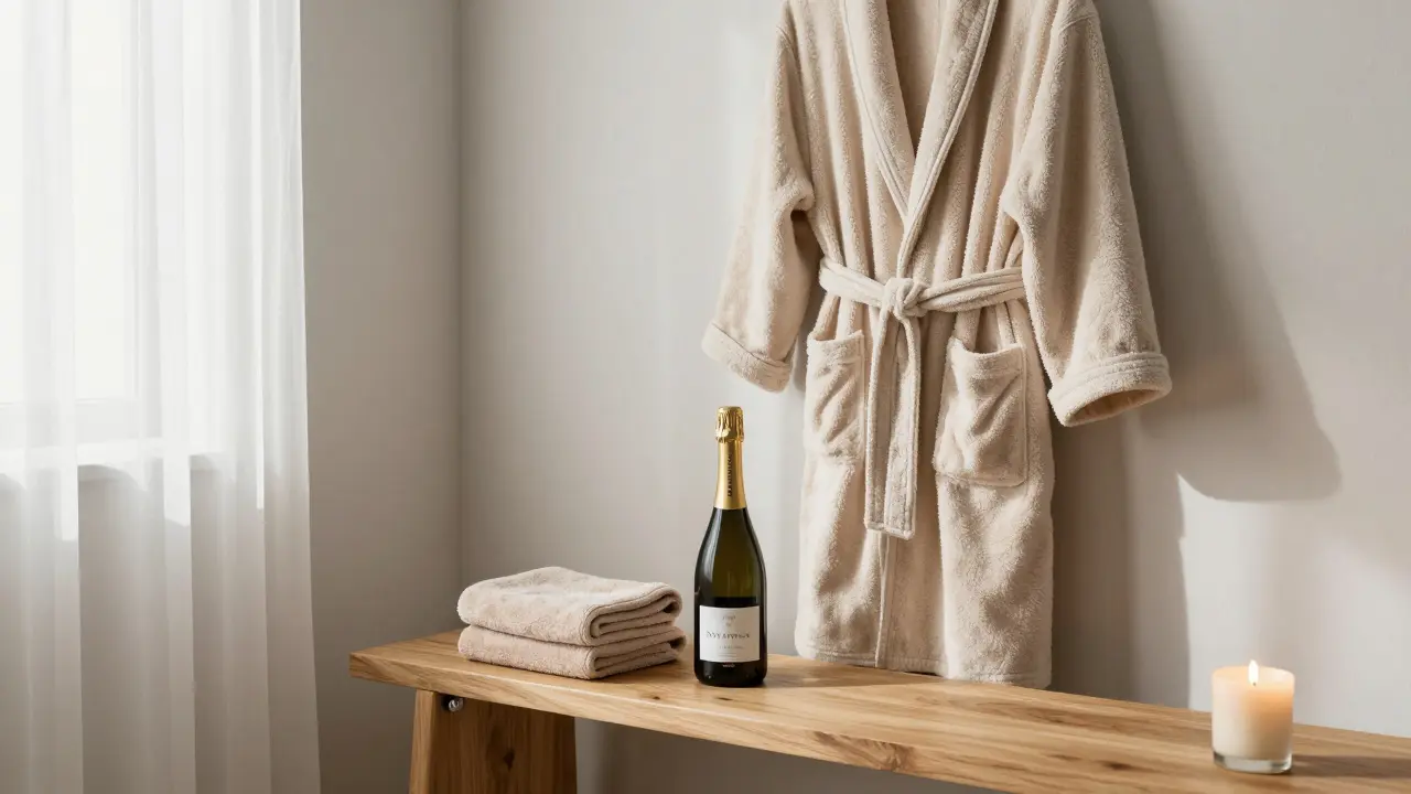 A spa changing room with a robe, towel, and bottle of English sparkling wine on a wooden bench.